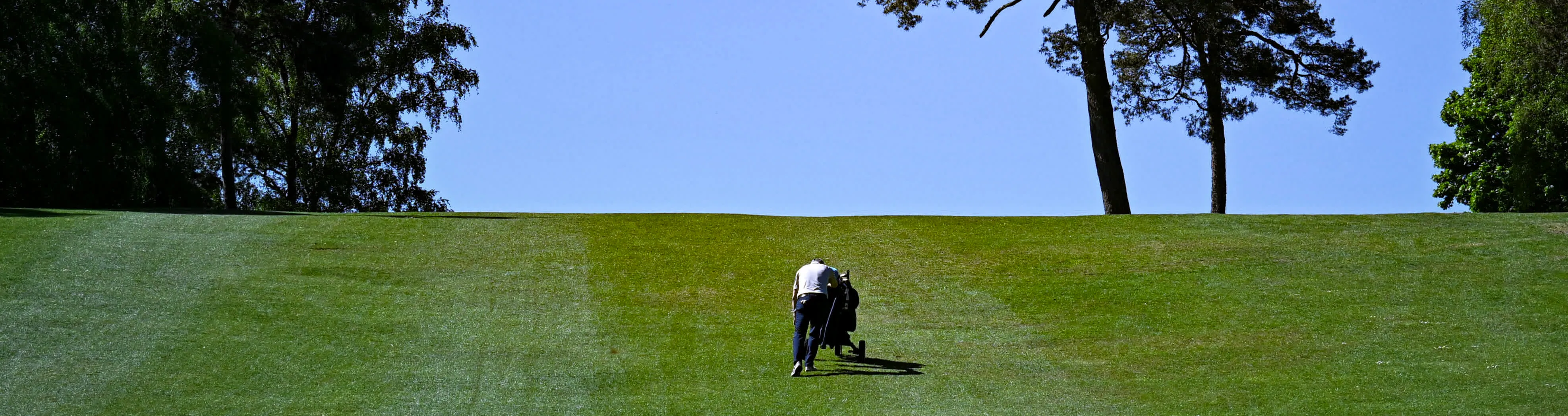 Golfer mit Trolley auf dem Hang des Golfplatzes